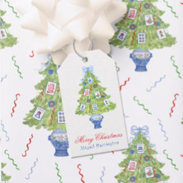 Waterverf Mahjong kerstboom Cadeaulabel