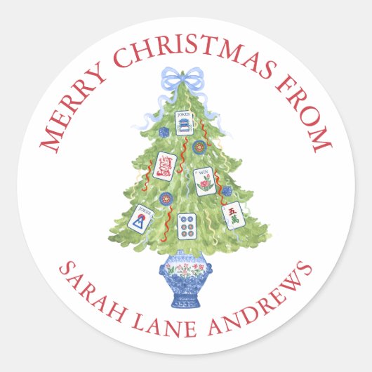 Waterverf Mahjong Kerstboom Gift Ronde Sticker (Voorkant)