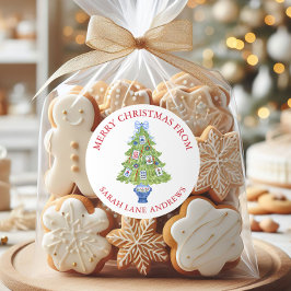 Waterverf Mahjong Kerstboom Gift Ronde Sticker