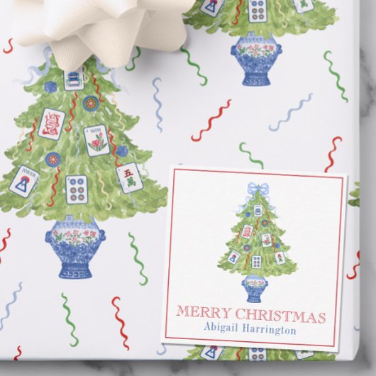 Waterverf Mahjong kerstboom Notitiekaartje