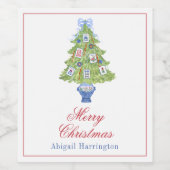 Waterverf Mahjong kerstboom Wijn Etiket (Enkel label)