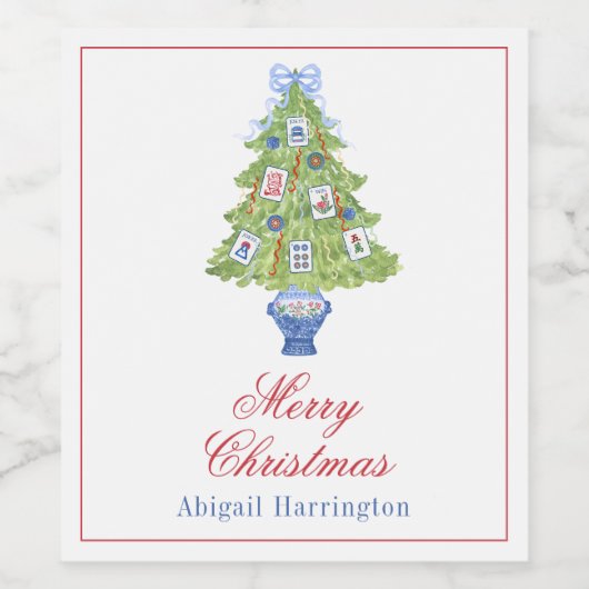 Waterverf Mahjong kerstboom Wijn Etiket (Enkel label)