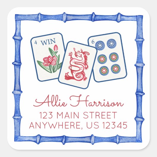 Waterverf Mahjong Tegels & Bogen behuizing Vierkante Sticker (Voorkant)