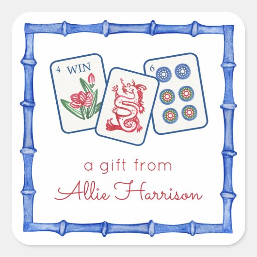 Waterverf Mahjong Tegels & Bogen behuizing Vierkante Sticker (Voorkant)