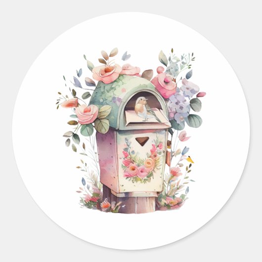 Waterverf Mailbox met Flowers en Bird Ronde Sticker (Voorkant)