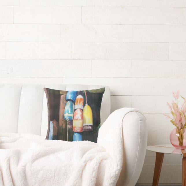 Waterverf Maine Lobster Buoy Coastal Blue Yellow Kussen (Bank)