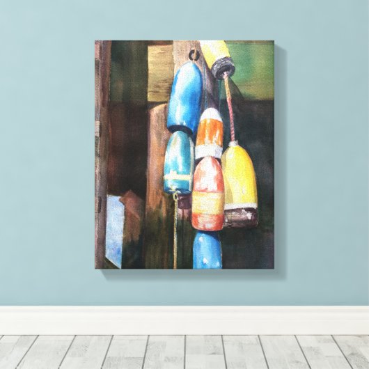 Waterverf Maine Lobster Buoy Coastal Canvas Afdruk (Insitu (Houten vloer))