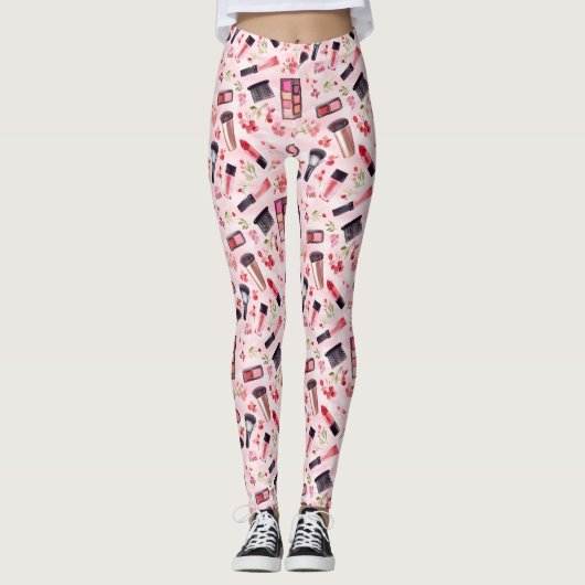 Waterverf make-up patroon met roze bloemen leggings (Voorkant)