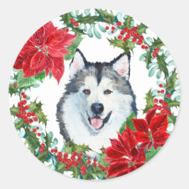 Waterverf Malamute Dog Poinsettia Holiday Wreator Ronde Sticker