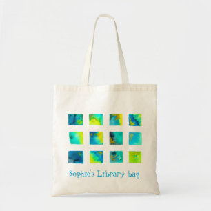 Waterverf malle vierkantjes blauwe bibliotheek naa tote bag
