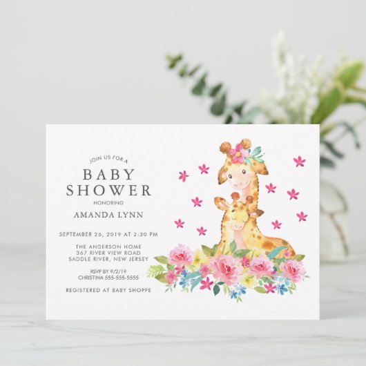 Waterverf mama Baby Giraffe Baby Girl Shower Kaart (Staand voorkant)