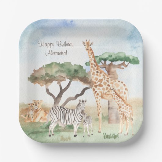 Waterverf mama en Baby Afrikaanse dieren Papieren Bordje (Voorkant)