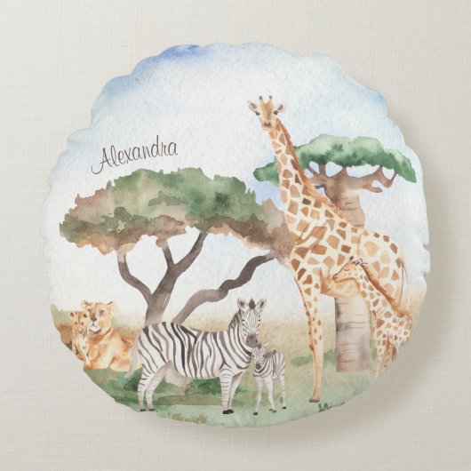 Waterverf mama en Baby Afrikaanse dieren Rond Kussen (Voorkant)