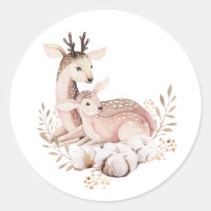 Waterverf Mama en Baby Deer Krans Woodland Ronde Sticker