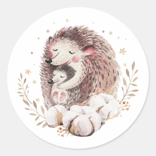Waterverf Mama en Baby Hedgehog Woodland Ronde Sticker (Voorkant)