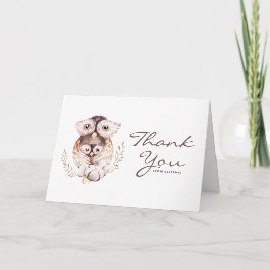 Waterverf mama en Baby uil bos Baby shower Bedankkaart (Voorkant)