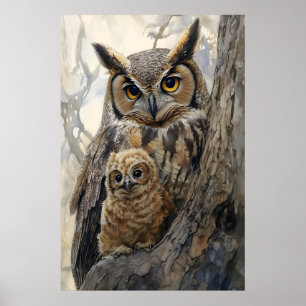Waterverf Mama en Baby Uil Nursery Print