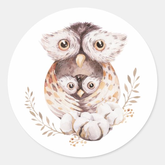 Waterverf Mama en Baby Uil Woodland Baby shower Ronde Sticker (Voorkant)