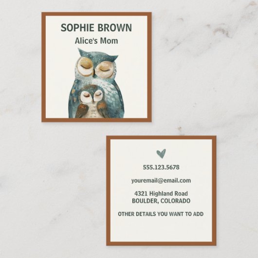 Waterverf Mama Uil & Owlet Mama Belkaart Vierkante Visitekaartje (Voorkant / Achterkant)