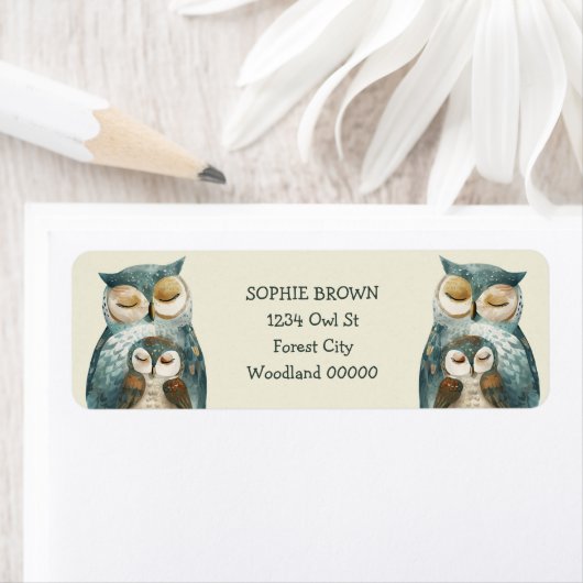 Waterverf Mama Uil & Owlet Retouradres Etiket (Insitu)