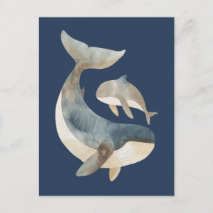 Waterverf Mama Whale & Calf Schattige Navy Blue Briefkaart