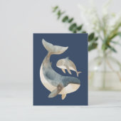 Waterverf Mama Whale & Calf Schattige Navy Blue Briefkaart (Staand voorkant)