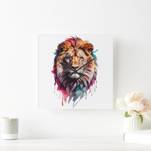 Waterverf Man Leeuw Kat Splatter Kunstportret Vierkante Klok (Huis)