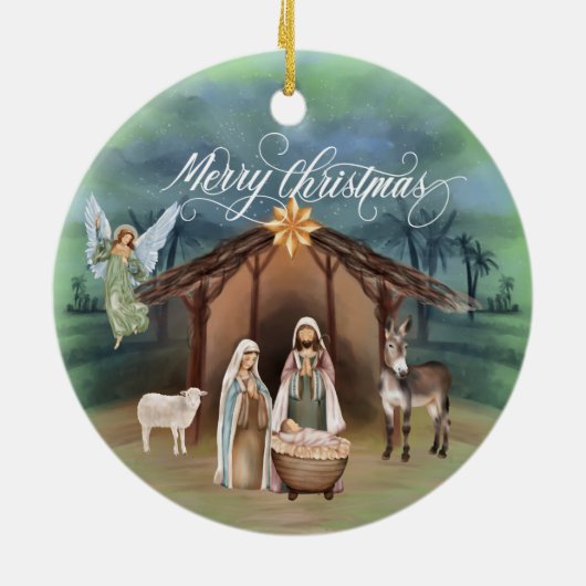 Waterverf Manager Nativiteit kerstscène Keramisch Ornament (Achterkant)