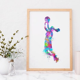 Waterverf mand basketbalspeler meisje sms poster