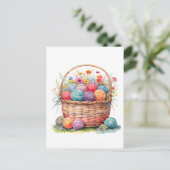 Waterverf mand met garenballen en bloemen briefkaart (Staand voorkant)