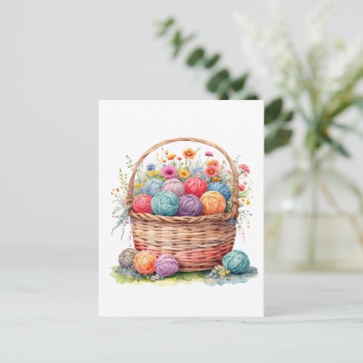 Waterverf mand met garenballen en bloemen briefkaart (Staand voorkant)