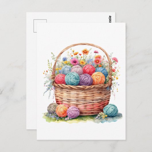 Waterverf mand met garenballen en bloemen briefkaart (Voorkant / Achterkant)
