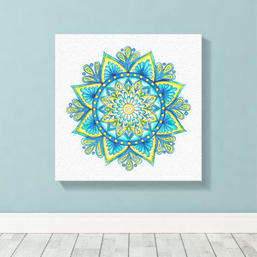 Waterverf mandala blauw turquoise geel canvas afdruk (Insitu (Houten vloer))