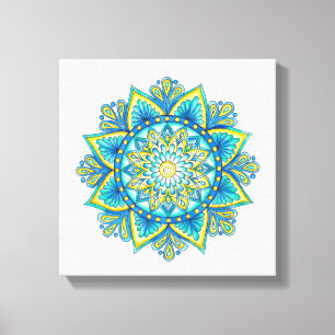 Waterverf mandala blauw turquoise geel canvas afdruk