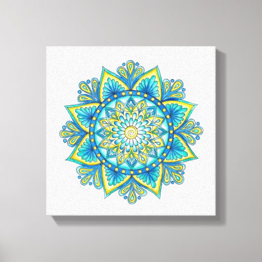 Waterverf mandala blauw turquoise geel canvas afdruk (Voorkant)