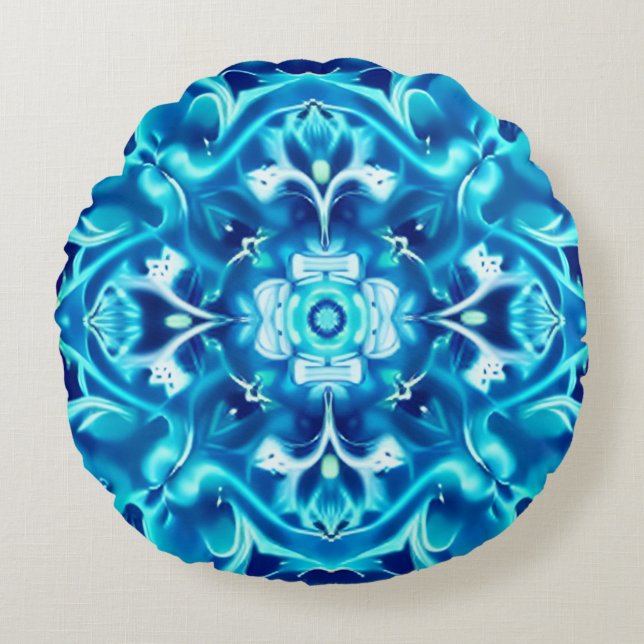 Waterverf Mandala Bloem in tinten van Indigo Blauw Rond Kussen (Voorkant)