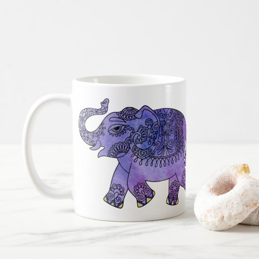 Waterverf Mandala Elephant Blue Paars Koffiemok (Met donut)