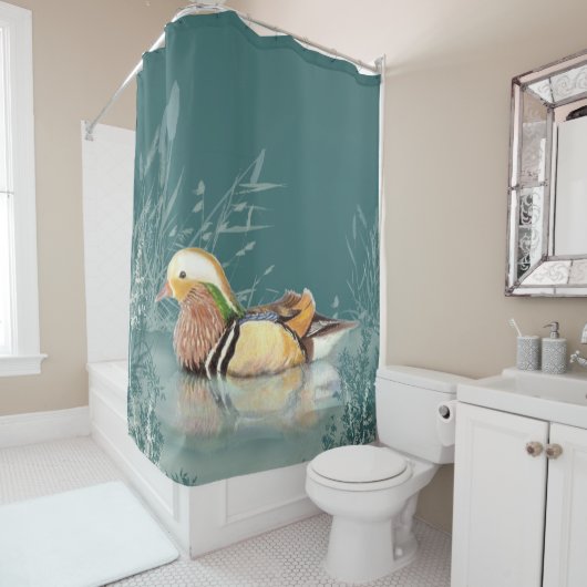 Waterverf Mandarijn Duck Chinese Vogelkunst Douchegordijn (In situ)
