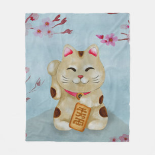 Waterverf Maneki-neko kat onder bloeiende sakura Fleece Deken