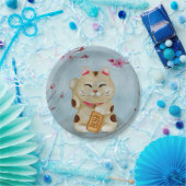 Waterverf Maneki-neko kat onder bloeiende sakura Papieren Bordje (Feest)