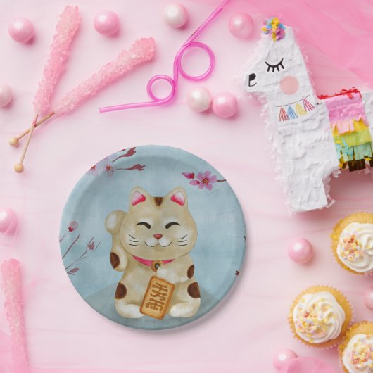 Waterverf Maneki-neko kat onder bloeiende sakura Papieren Bordje (Feest)