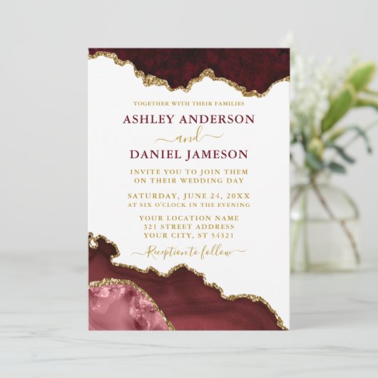 Waterverf Marble Geode Wedding Burgundy Foto Kaart (Staand voorkant)