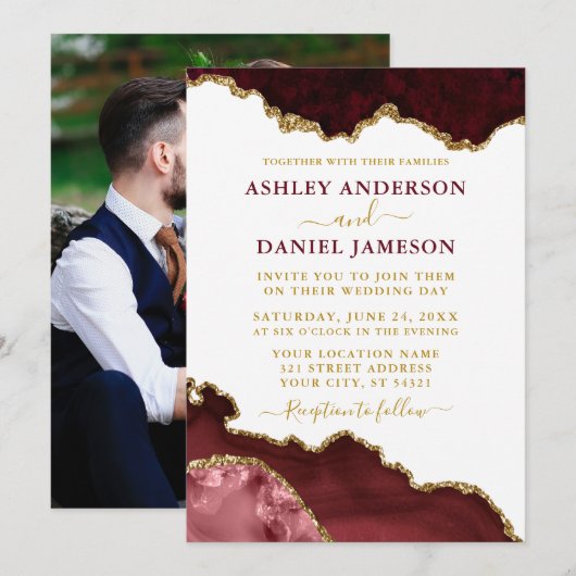Waterverf Marble Geode Wedding Burgundy Foto Kaart (Voorkant / Achterkant)