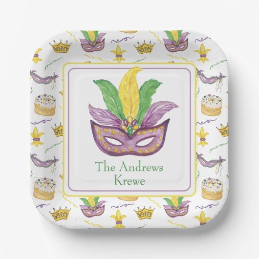 Waterverf Mardi Gras Mask gepersonaliseerd Papieren Bordje (Voorkant)