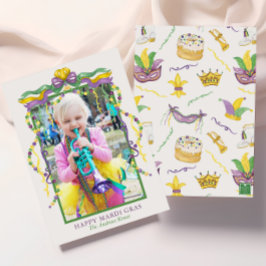 Waterverf Mardi Gras Maskers King Cake Crown Foto Feestdagenkaart