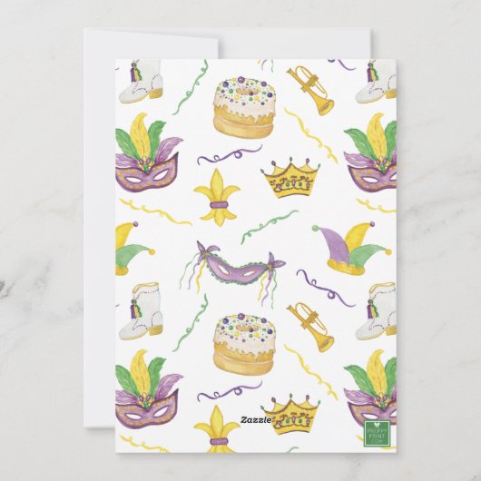 Waterverf Mardi Gras Maskers King Cake Crown Foto Feestdagenkaart (Achterkant)