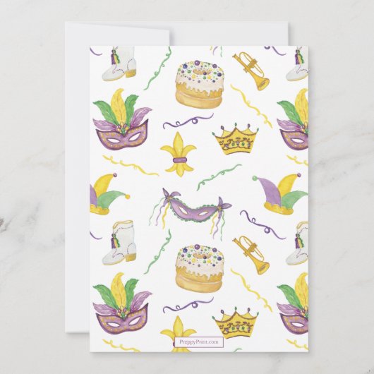 Waterverf Mardi Gras Maskers King Cake Crown Party Kaart (Achterkant)