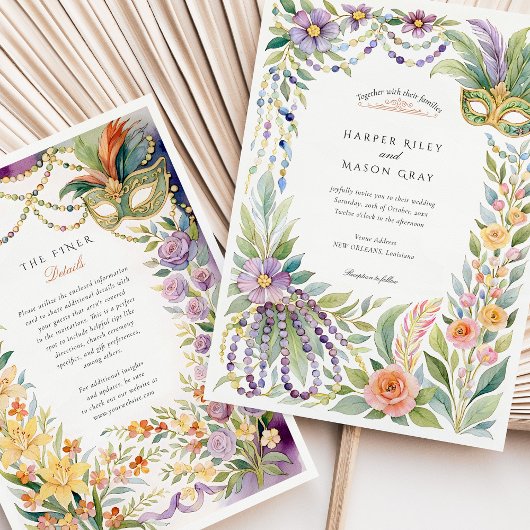 Waterverf Mardi Gras Masquerade Bloemenbruiloft Kaart