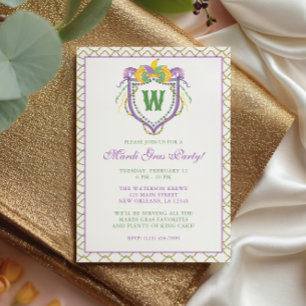 Waterverf Mardi Gras Monogram Wapenschild Feest Kaart