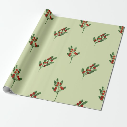 Waterverf maretak met rode bessen kerst cadeaupapier (Uitgerold)